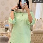 شومیز مانتویی مدل روژان جنس لنین رنگ سبز پاستیلی