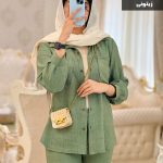 ست شومیز شلوار دخترانه جنس شانتون لنین زیتونی