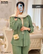 ست شومیز شلوار دخترانه جنس شانتون لنین زیتونی