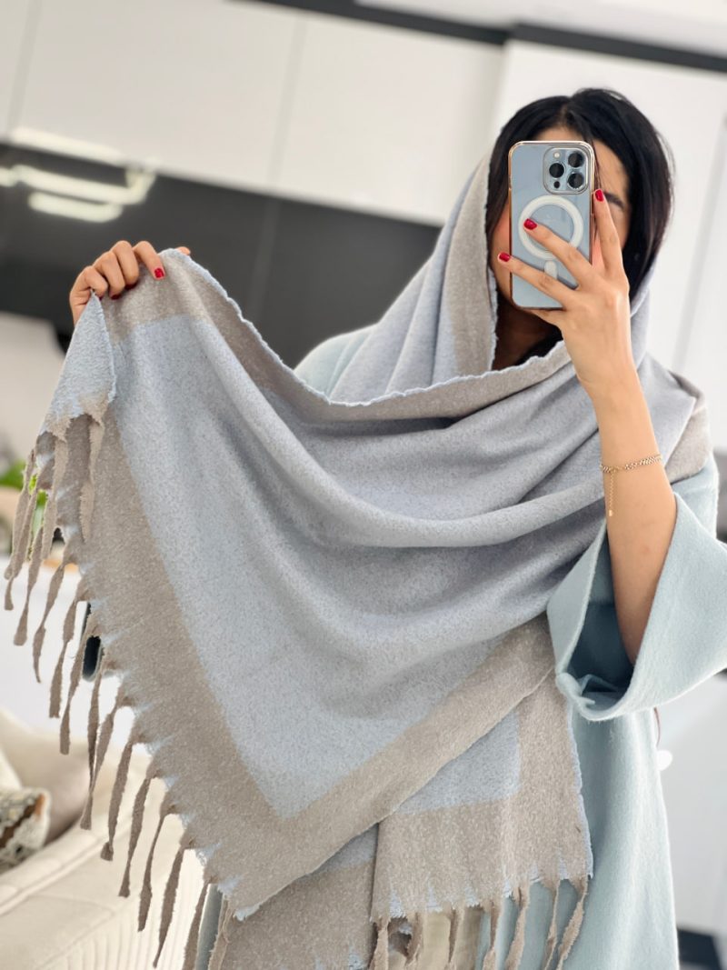 شال موهر دو رو طوسی آبی