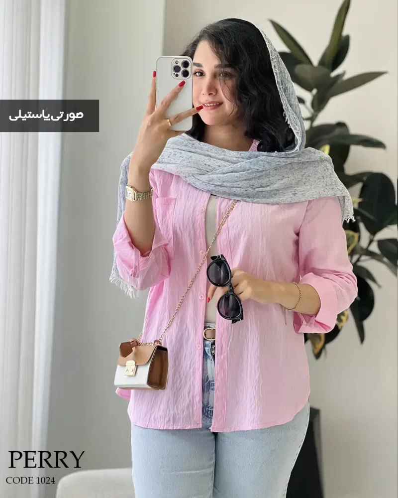 شومیز مانتویی پری رنگ صورتی پاستلی