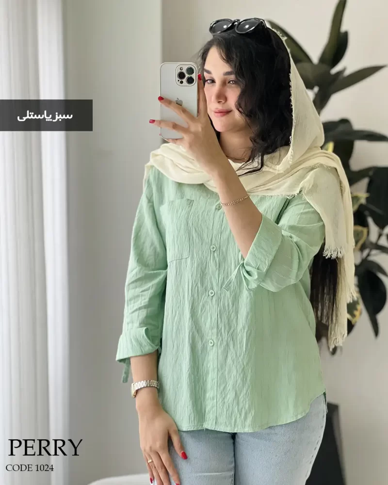 شومیز مانتویی پری رنگ سبزپاستلی