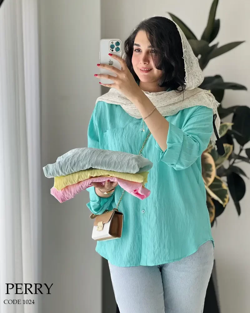 شومیز مانتویی پری رنگ سبز آبی