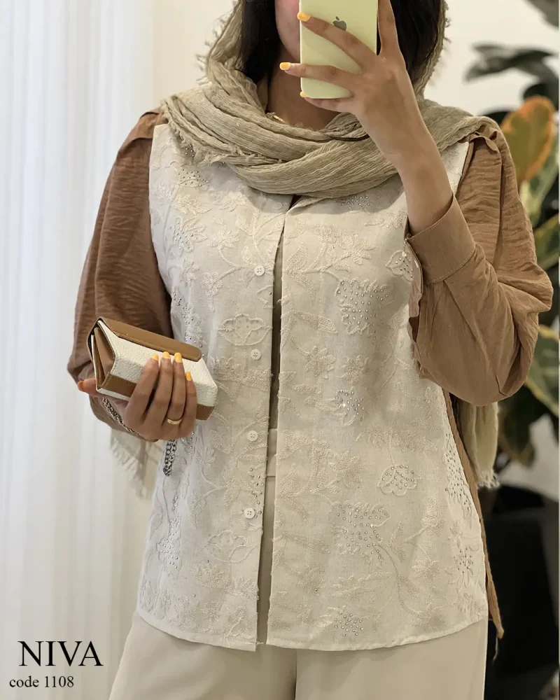 شومیز مانتویی مدل نیوا جنس لینن سوزن دوزی کد 1108 - تصویر 3