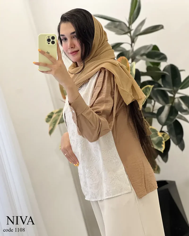 شومیز مانتویی مدل نیوا جنس لینن سوزن دوزی کد 1108 - تصویر 2