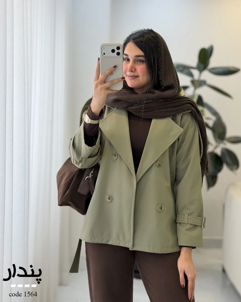 بارونی زنانه کوتاه پندار با یقه انگلیسی و کمربند