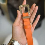 کمربند زنانه مدل بهار رنگ نارنجی با چرم دور دوخت و سگک طلایی