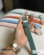 کمربند زنانه مدل رنگین کمان کد 1551 رنگ سبز با چرم دور دوخت و سگک مات رنگ ثابت