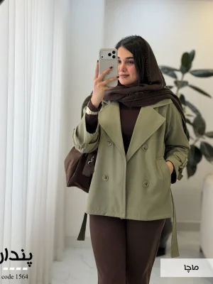 بارونی زنانه کوتاه پندار با یقه انگلیسی و کمربند